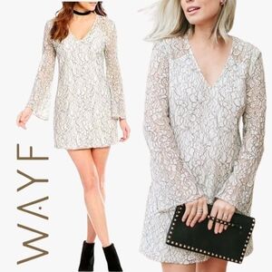 WAYF Lace Long Bell Flared Sleeve Shift V-Neck Mini Dress White/Ivory Size S